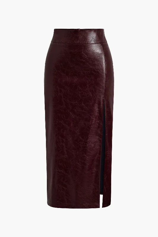 Faux Leather Side Slit Skirt