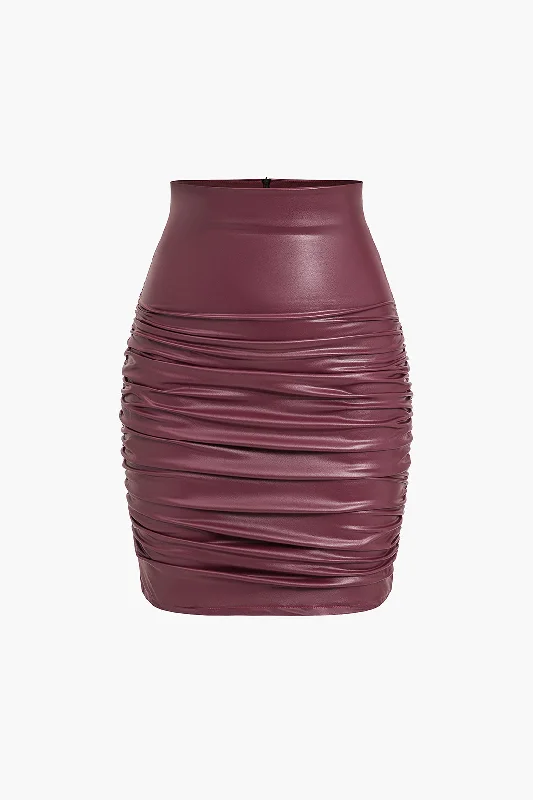 Solid Faux Leather Ruched Skirt