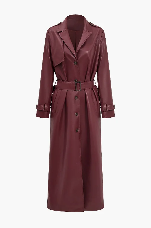 Solid Faux Leather Button Pocket Belted Coat