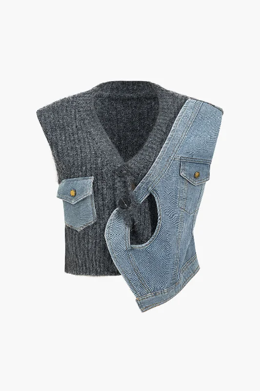 Denim Patchwork  Asymmetrical Sweater Vest