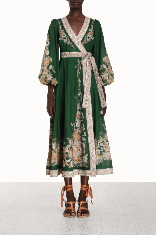 Devi Wrap Midi Dress In Emerald Paisley