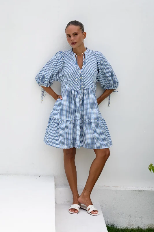 Emilia Blue Gingham Button Down Mini Dress