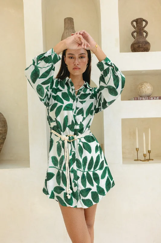 Ivy Green Tropical Long Sleeve Belted Mini Dress