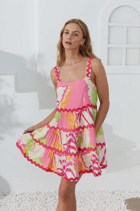 Paradisio Pink Tropical Ric Rac Tiered Mini Dress