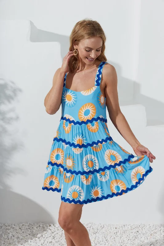 Serin Blue Abstract Sun Ric Rac Tiered Mini Dress