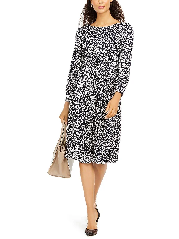 Womens Cheetah Print Boatneck Midi Sheath Dress