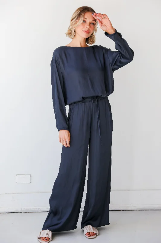 FINAL SALE - Covetable Charm Navy Satin Wide Leg Pants