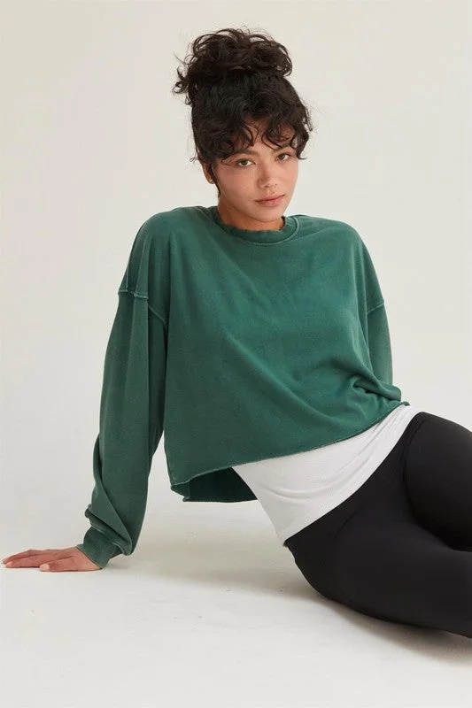 Green Raw Hem Cropped Sweatshirt