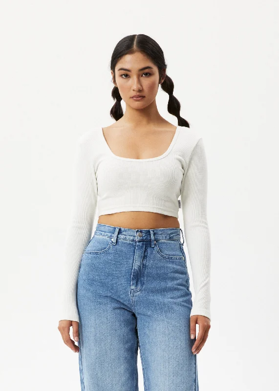 AFENDS Womens Milla - Ribbed Long Sleeve Cropped Top - Off White