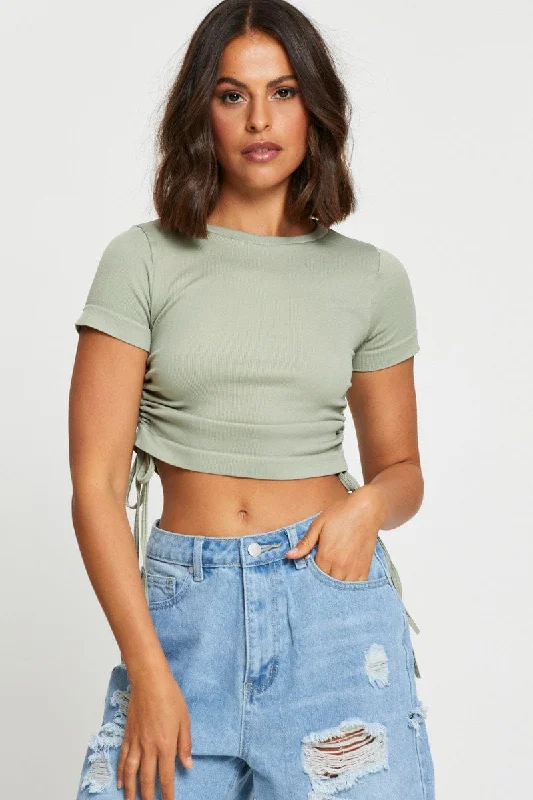 Green T Shirt Short Sleeve Crop Crew Neck