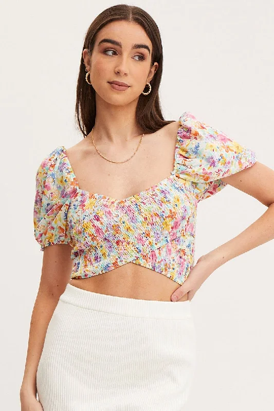 Print Puff Sleeve Top Short Sleeve Crop