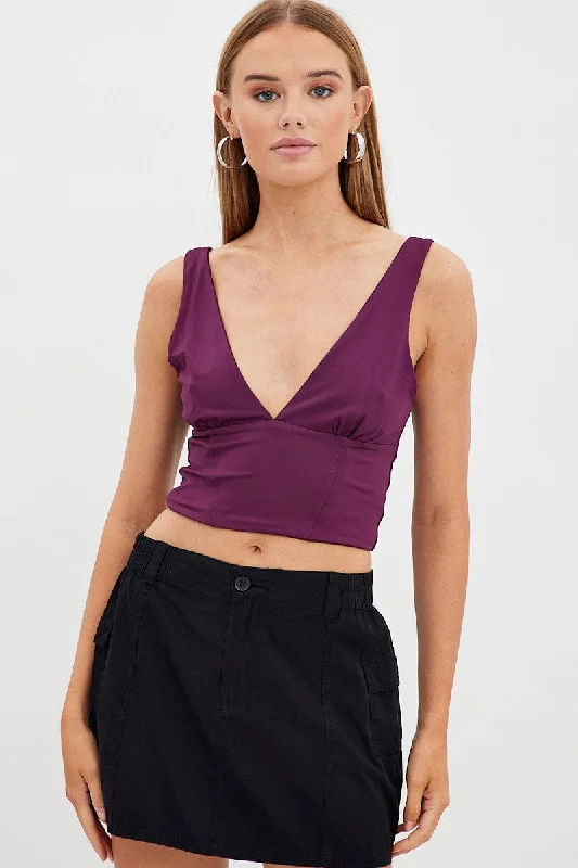 Purple Corset Detail Top Sleeveless Crop Slinky Jersey