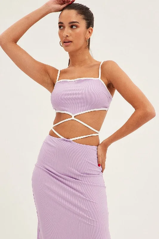 Purple Tie Top Sleeveless Crop Contrast Ribbed