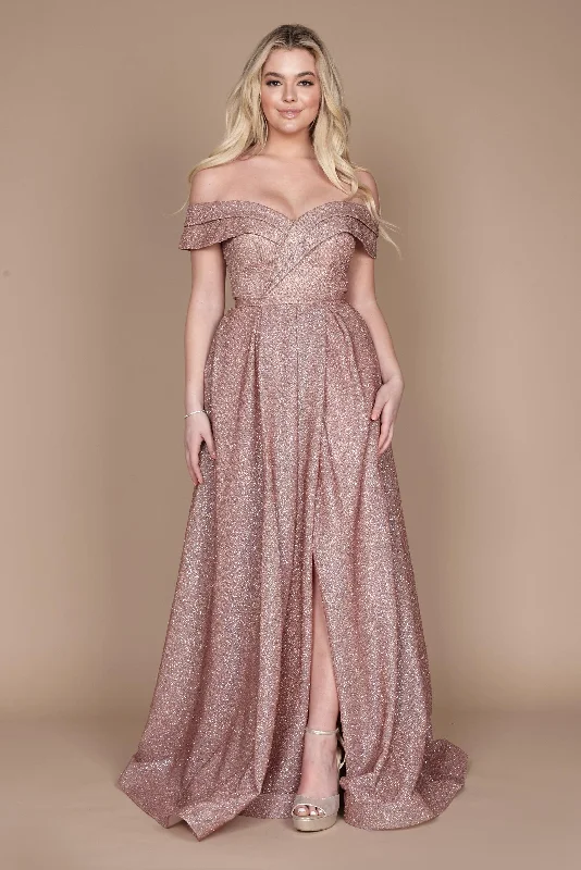 Long Off Shoulder Glitter Prom Dress