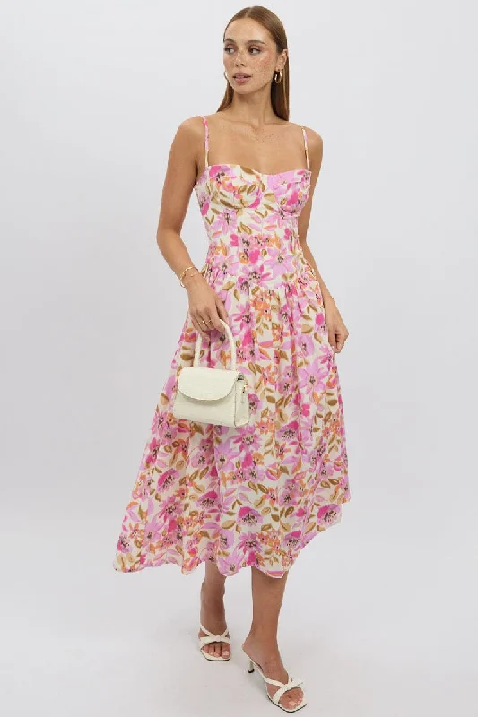 Multi Floral Midi Dress Corset Detail