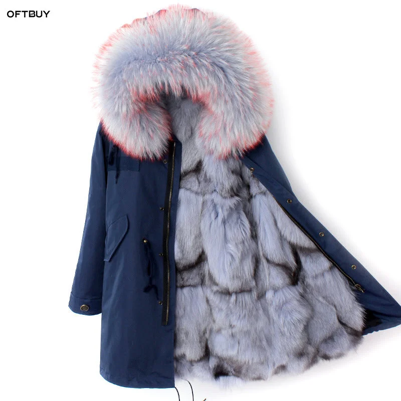 OFTBUY 2019 winter jacket women real natural fur coat loose raccoon fur collar fox fur liner long parka outwear High quality